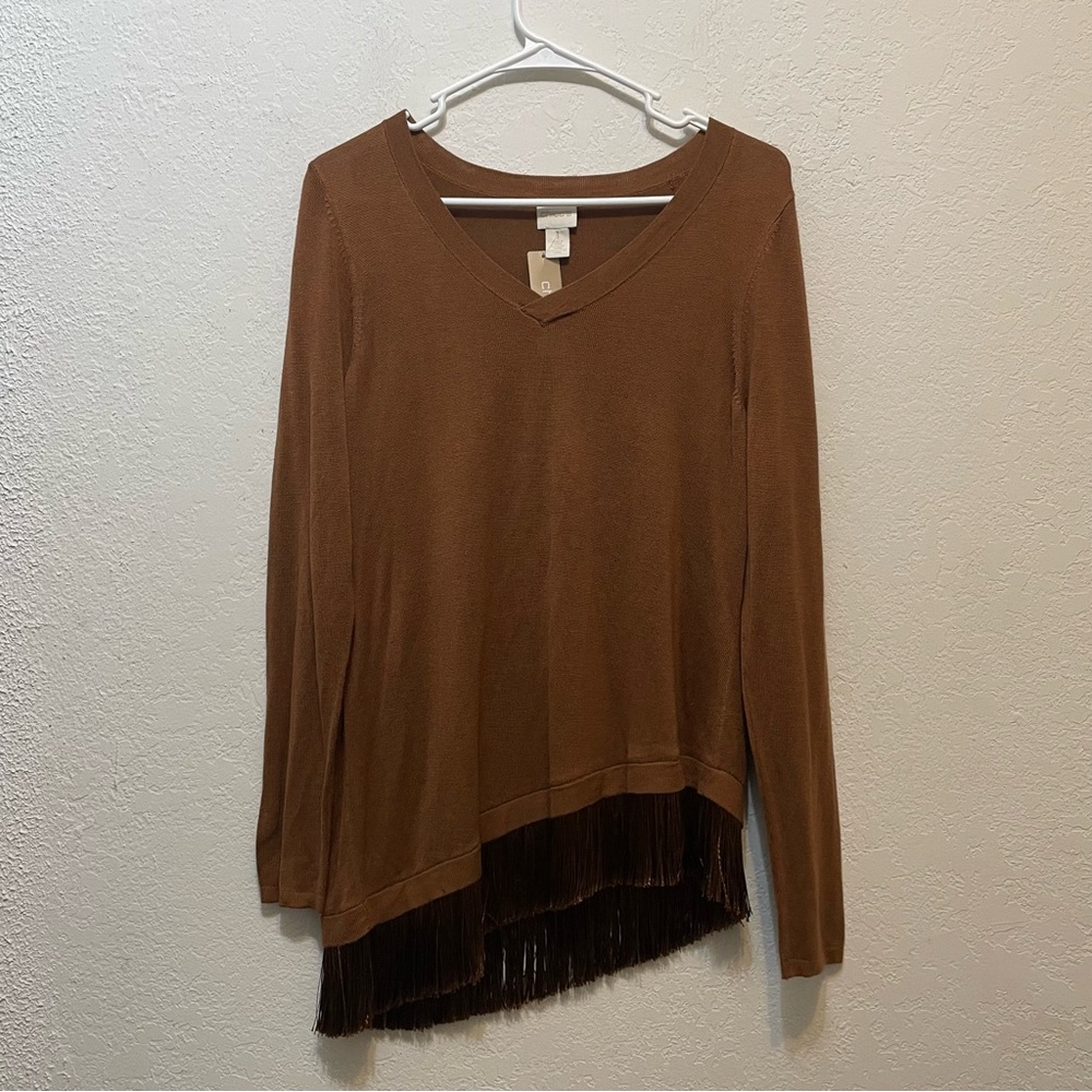 Chicos Asymmetrical Fringe Hem Sweater Size 1 US M Brown V Neck Lightweight NEW